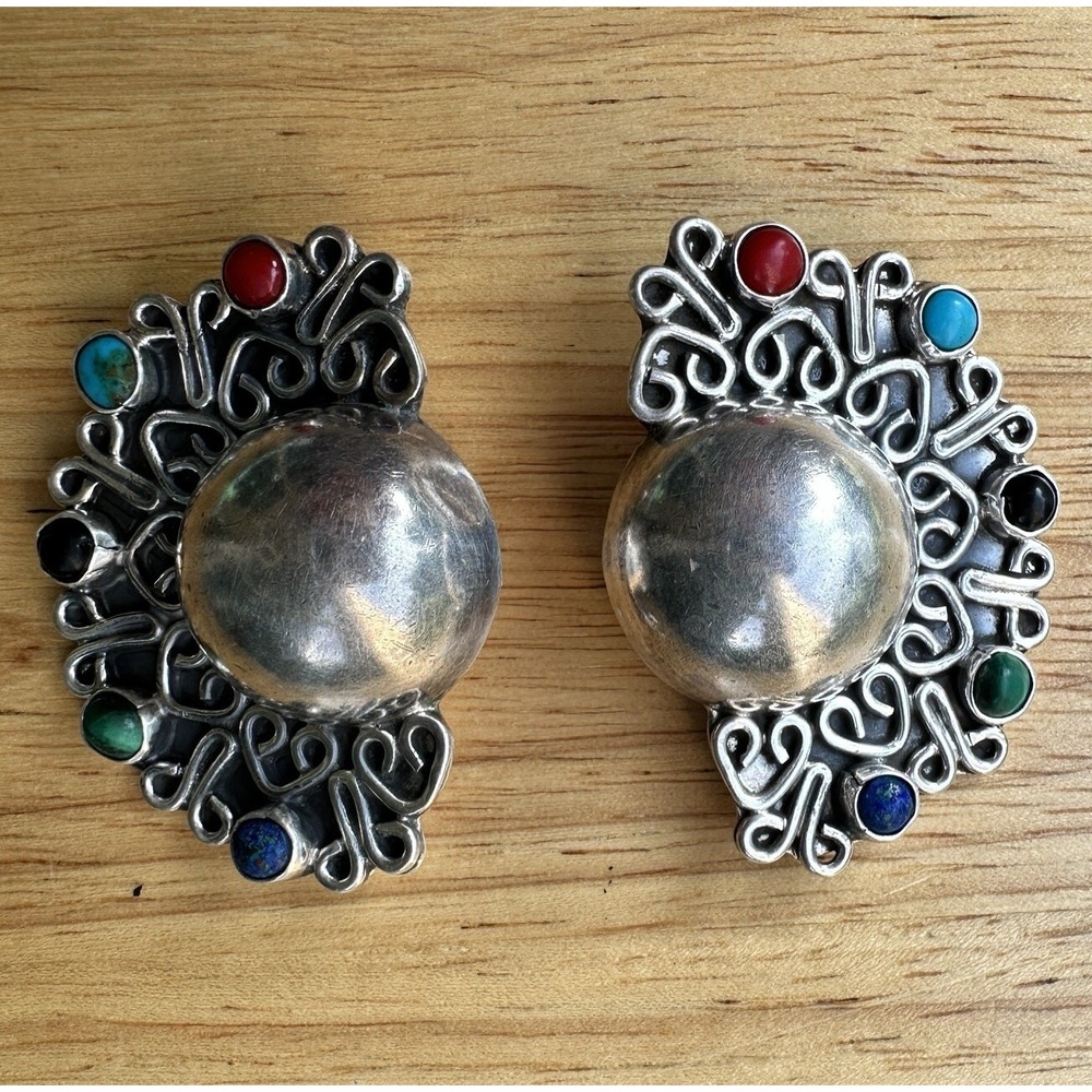 VTG Mexico Taxco Earrings 2 Inch Turquoise Coral Onyx Cabs 925 Sterling 31.2 g